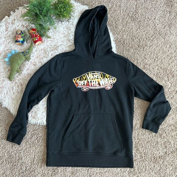Vans Off The Wall Black Red Yellow Flames Skateboard Pullover Hoodie Boys Sz L - Picture 1 of 6